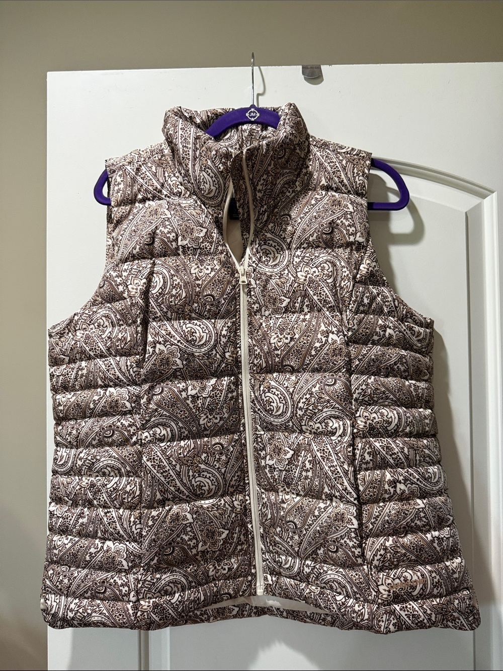 Lands' End Quilted Paisley Puffer Vest in Brown and White